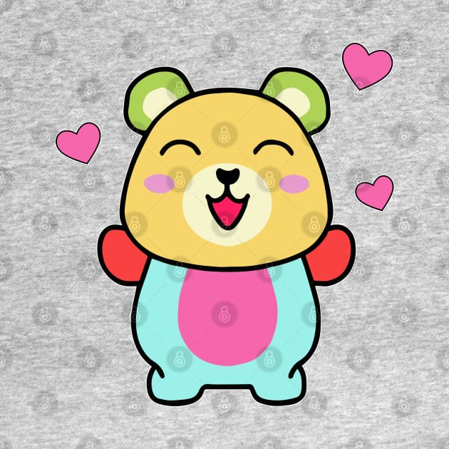 Happy smiling baby teddy bear with love hearts. Kawaii cartoon by SPJE Illustration Photography